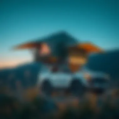 Step-by-step illustration of rooftop tent installation on a vehicle.