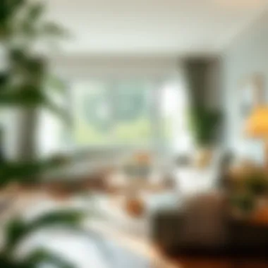 A serene living room with natural light and green hues