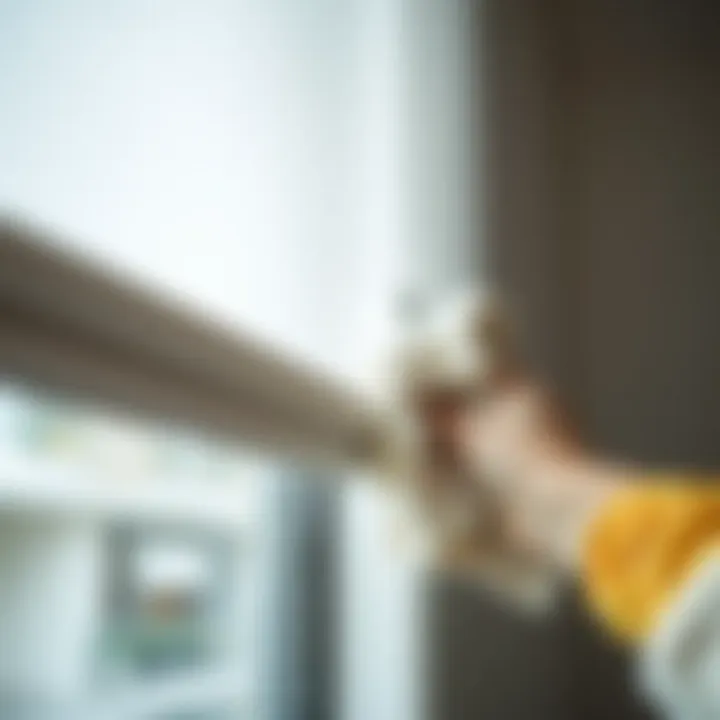 Close-up of a roller blind being cleaned with a soft cloth