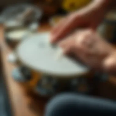 Detailed view of a tambourine being cleaned
