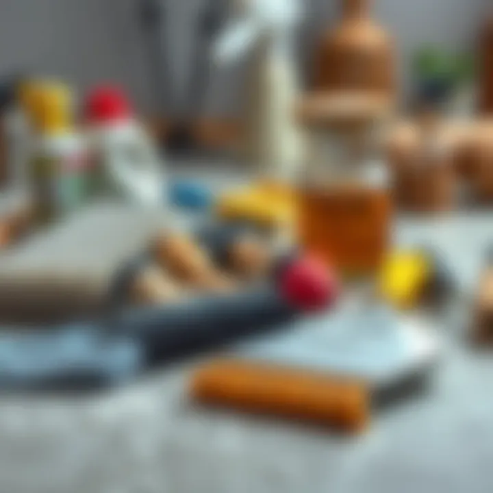 A variety of cleaning tools laid out on a surface, ready for efficient dust removal.