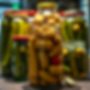 An artistic display of various types of pickles in jars