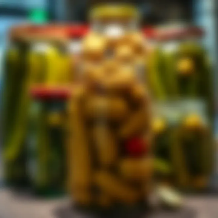 An artistic display of various types of pickles in jars