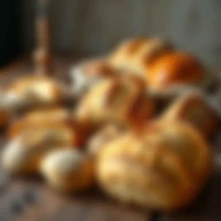 Different varieties of soft bread displayed on a rustic table
