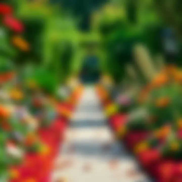 A serene garden pathway lined with colorful summer flowers