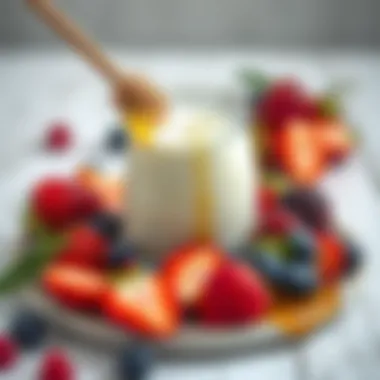 Yogurt jar surrounded by fruits and honey for flavoring